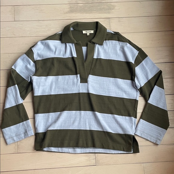 Madewell Tops - Madewell Olive and Light Blue Striped Polo Shirt